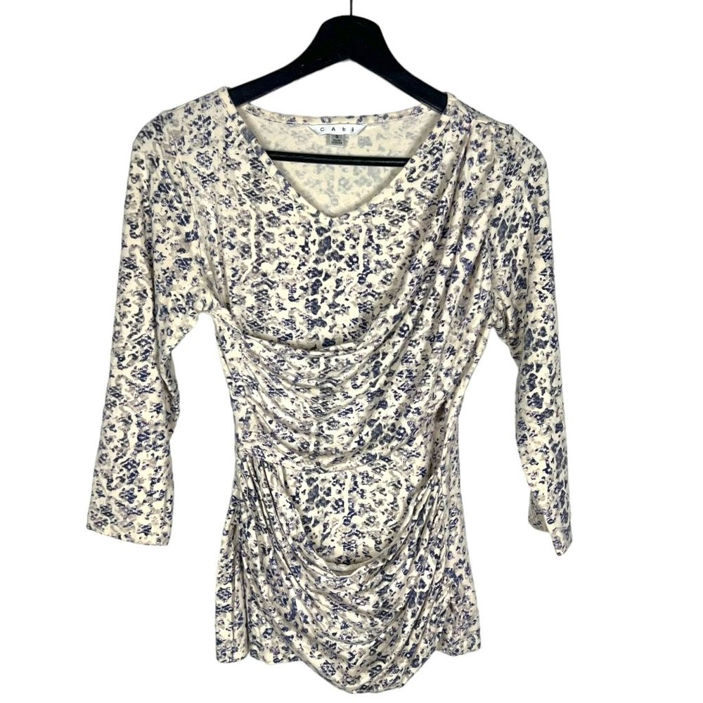 CAbi The Shore Cream Blue Drape Long Sleeve Top Small